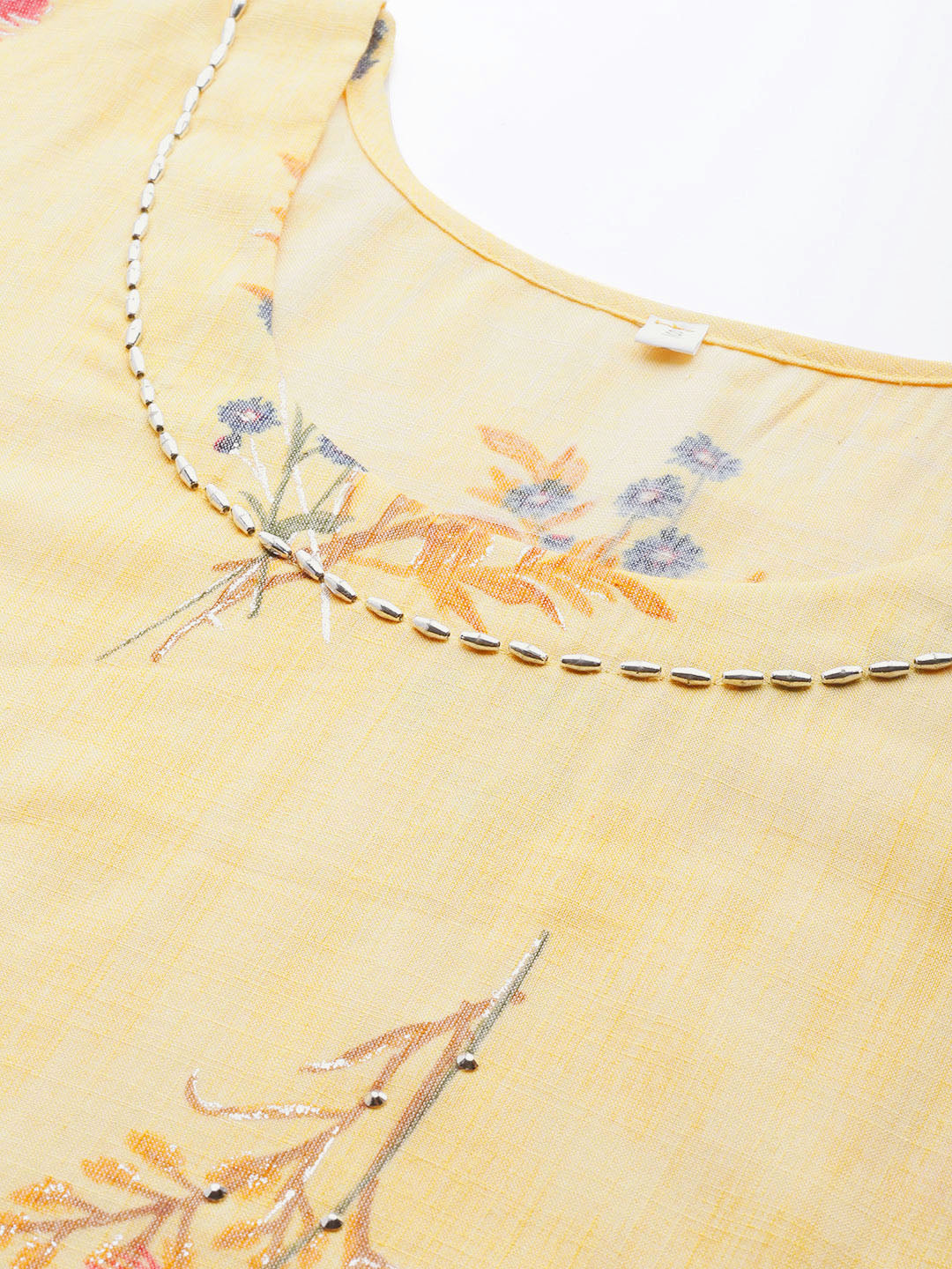 Pastel Yellow Floral Scalloped hemline Kurta with Abstract Print Palazzo
