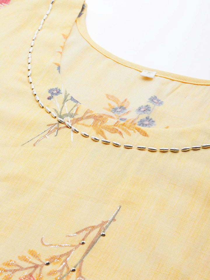 Pastel Yellow Floral Scalloped hemline Kurta with Abstract Print Palazzo