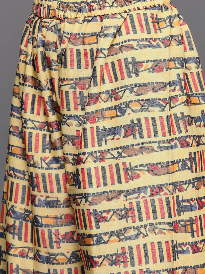 Pastel Yellow Floral Scalloped hemline Kurta with Abstract Print Palazzo
