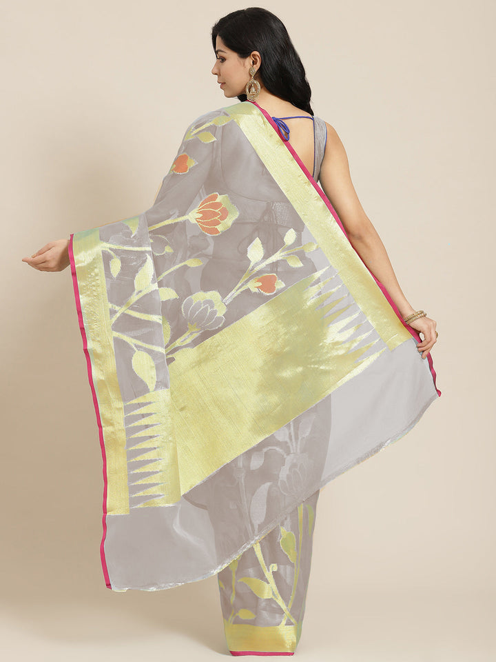 Grey Zari Meenakari Woven Organza Tissue Contemporary Saree