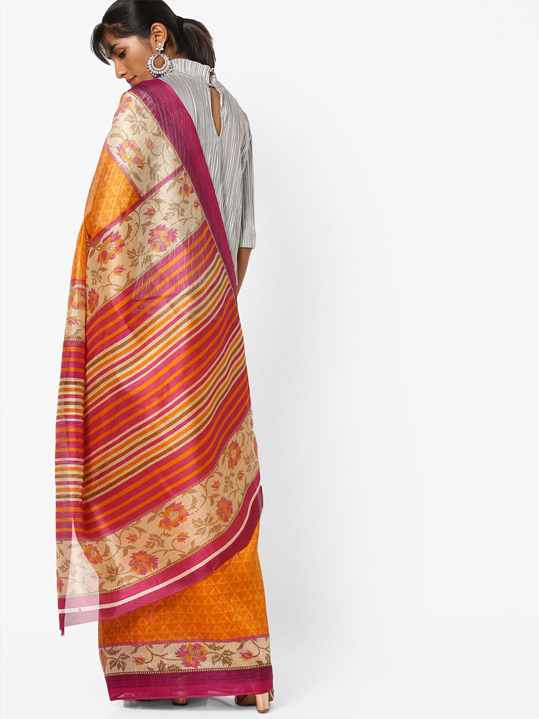 Mustard Digital Printed Bhagalpuri Chanderi Silk Saree with Floral Summer Design