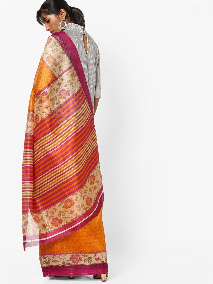 Mustard Digital Printed Bhagalpuri Chanderi Silk Saree with Floral Summer Design