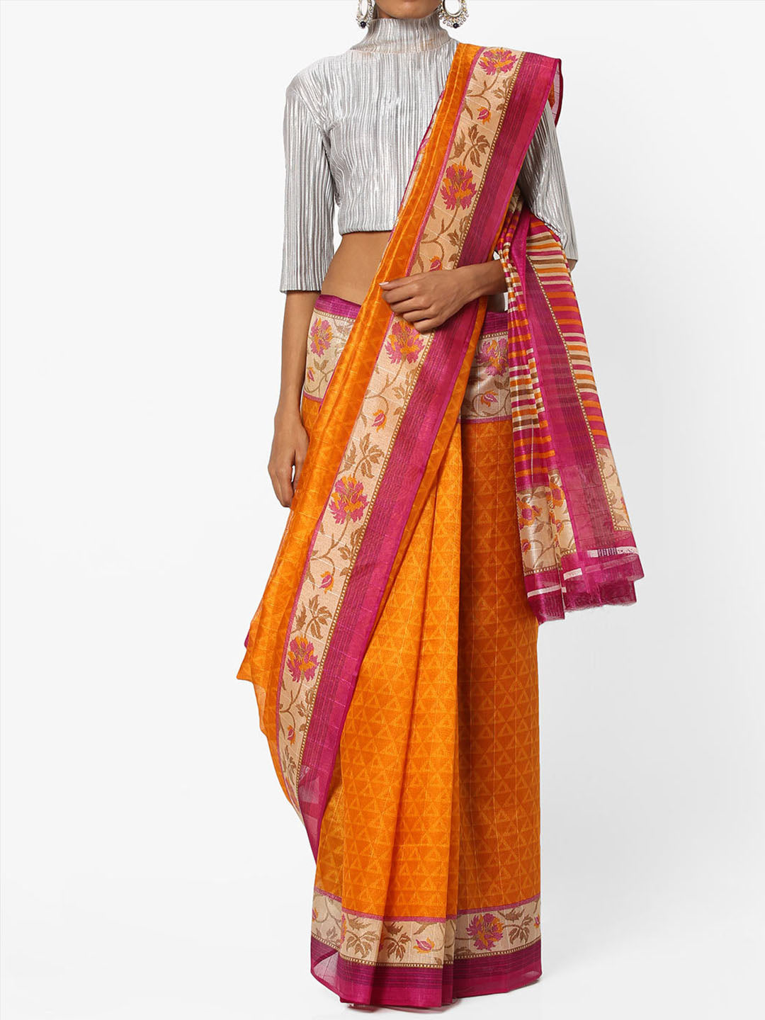 Mustard Digital Printed Bhagalpuri Chanderi Silk Saree with Floral Summer Design