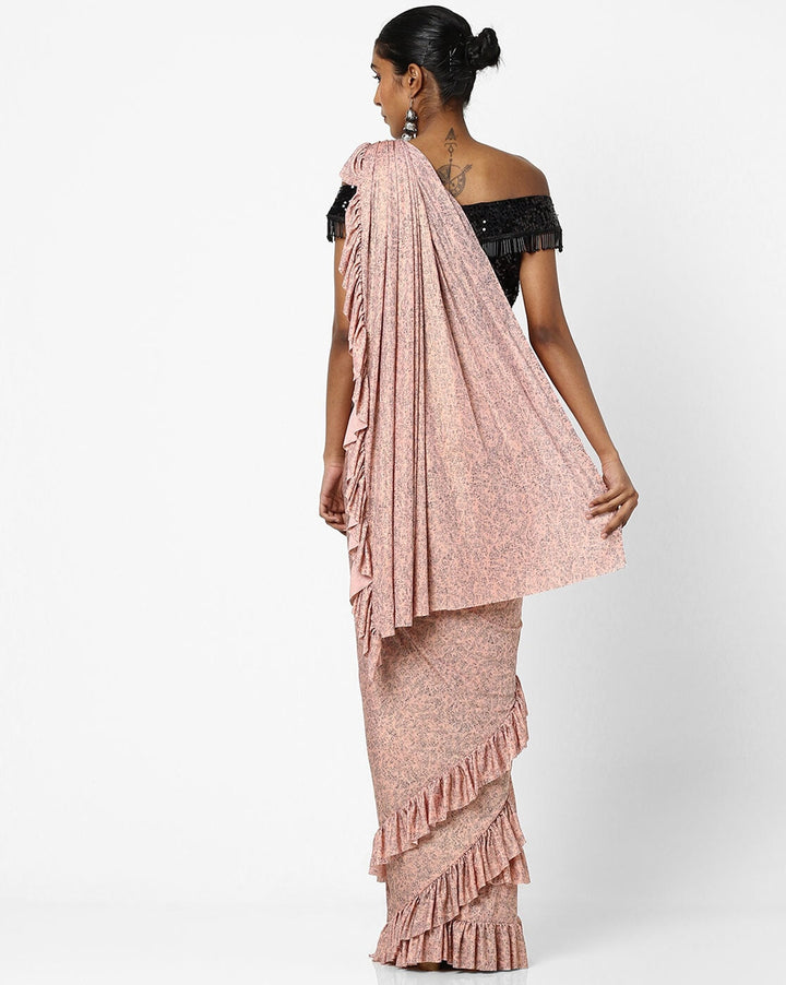 Made to Measure Pink & Black Ruffled Self Embossed Saree & Black Sequence Off Shoulder Embellished Blouse