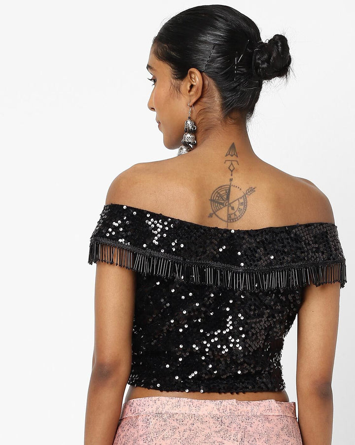 Made to Measure Pink & Black Ruffled Self Embossed Saree & Black Sequence Off Shoulder Embellished Blouse