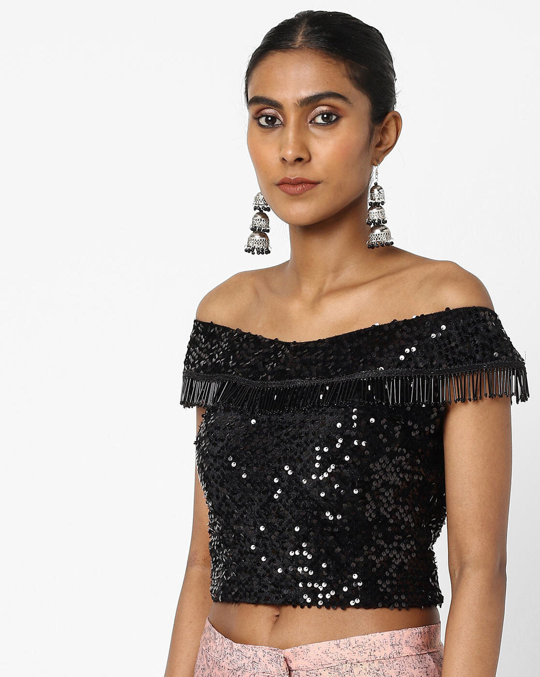 Made to Measure Pink & Black Ruffled Self Embossed Saree & Black Sequence Off Shoulder Embellished Blouse