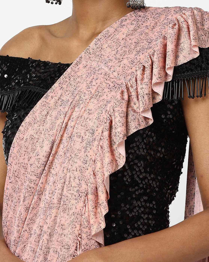 Made to Measure Pink & Black Ruffled Self Embossed Saree & Black Sequence Off Shoulder Embellished Blouse