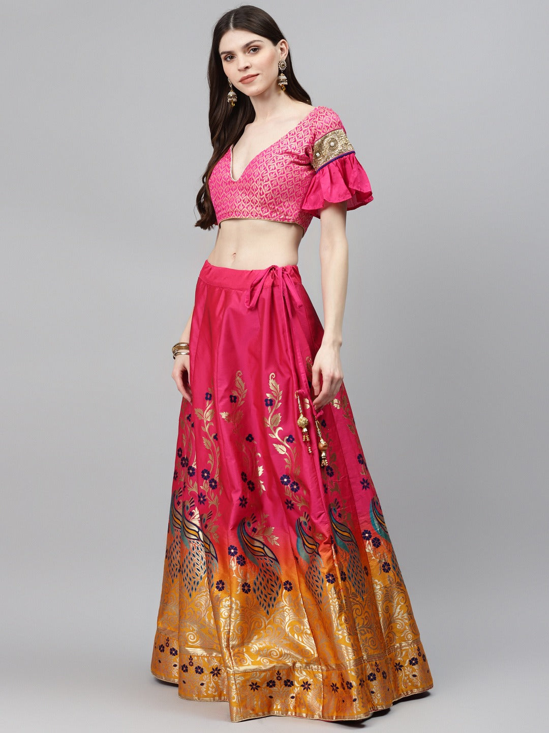 Ombre Semi Stitched Banarasi Lehenga Choli With Gold Zari Weave Dupatta & Peacock Motifs