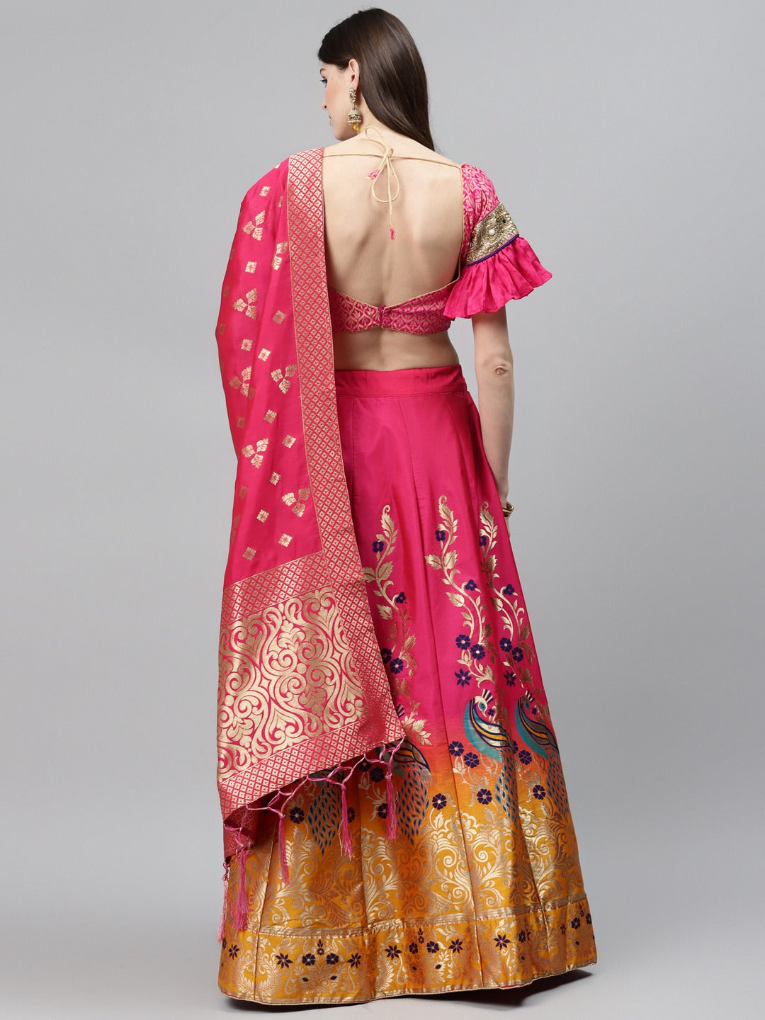 Ombre Semi Stitched Banarasi Lehenga Choli With Gold Zari Weave Dupatta & Peacock Motifs