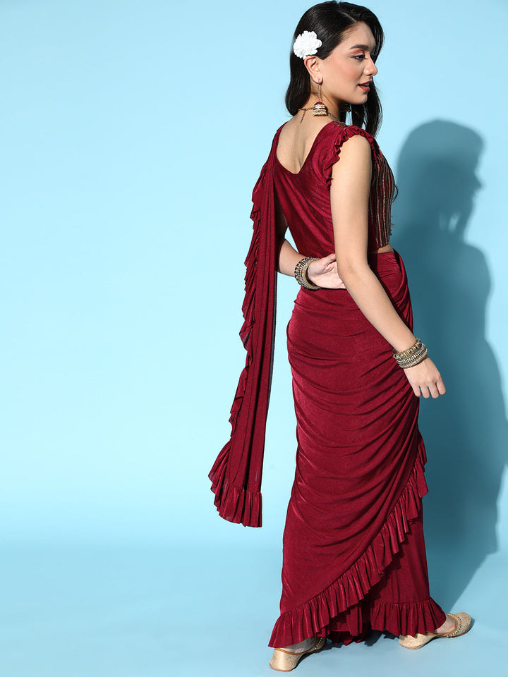 Maroon Pre-Stitched Draped Metallic Applique Embroidery Ruffled Saree