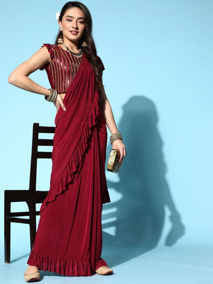 Maroon Pre-Stitched Draped Metallic Applique Embroidery Ruffled Saree