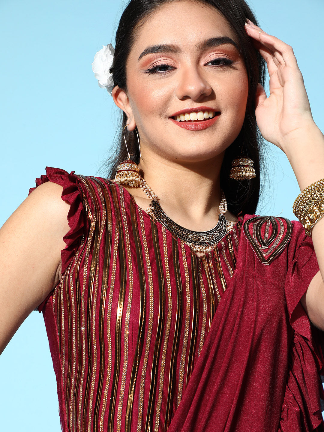 Maroon Pre-Stitched Draped Metallic Applique Embroidery Ruffled Saree