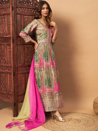 Chhabra 555 Crepe Silk Alia-Style Digital Print Pleated Gown with Zari Embroidery & Ombre Dupatta