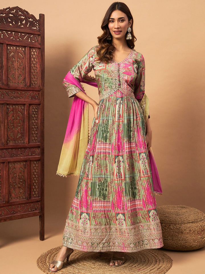 Chhabra 555 Crepe Silk Alia-Style Digital Print Pleated Gown with Zari Embroidery & Ombre Dupatta