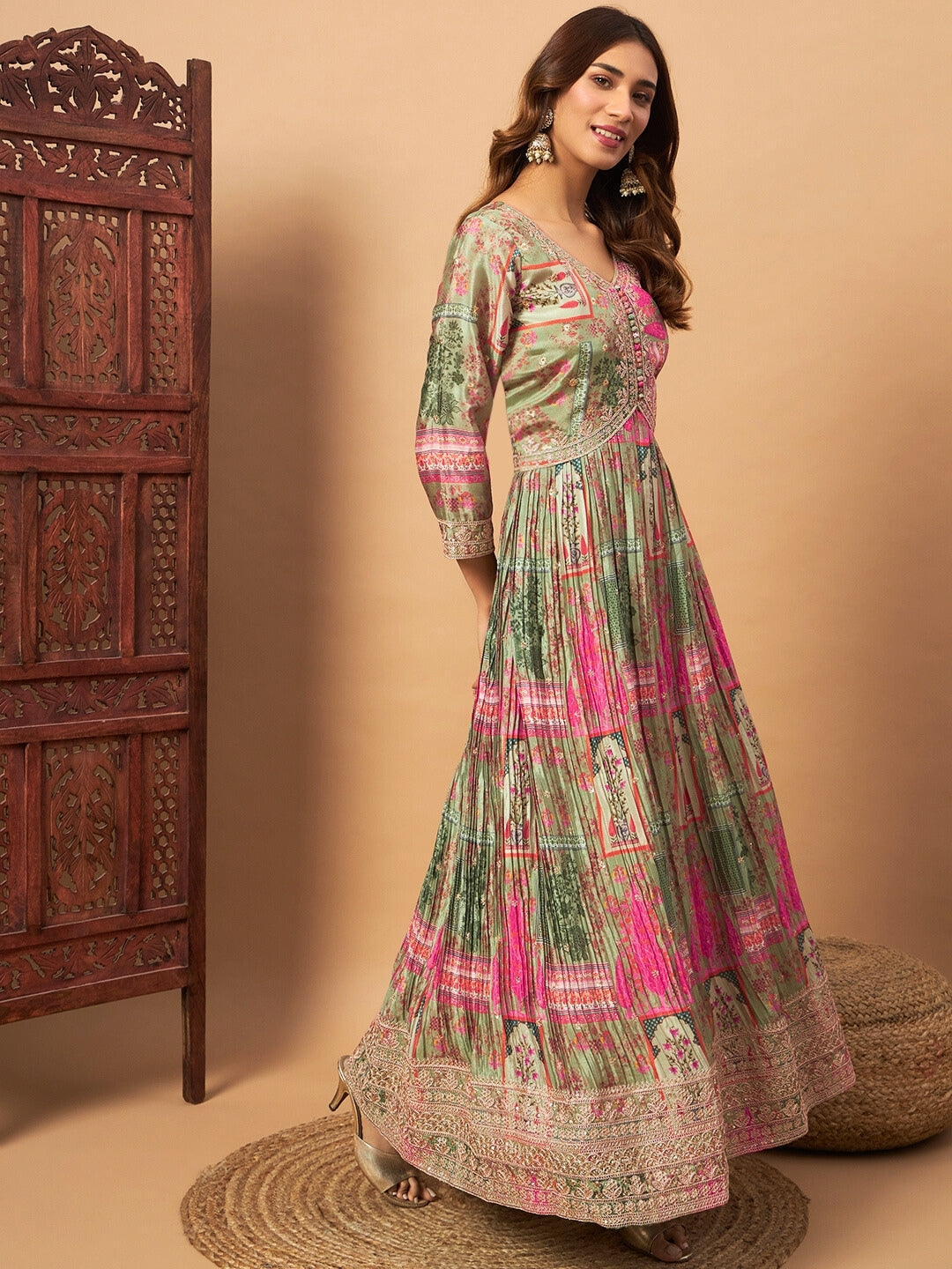 Chhabra 555 Crepe Silk Alia-Style Digital Print Pleated Gown with Zari Embroidery & Ombre Dupatta