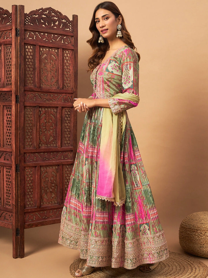 Chhabra 555 Crepe Silk Alia-Style Digital Print Pleated Gown with Zari Embroidery & Ombre Dupatta