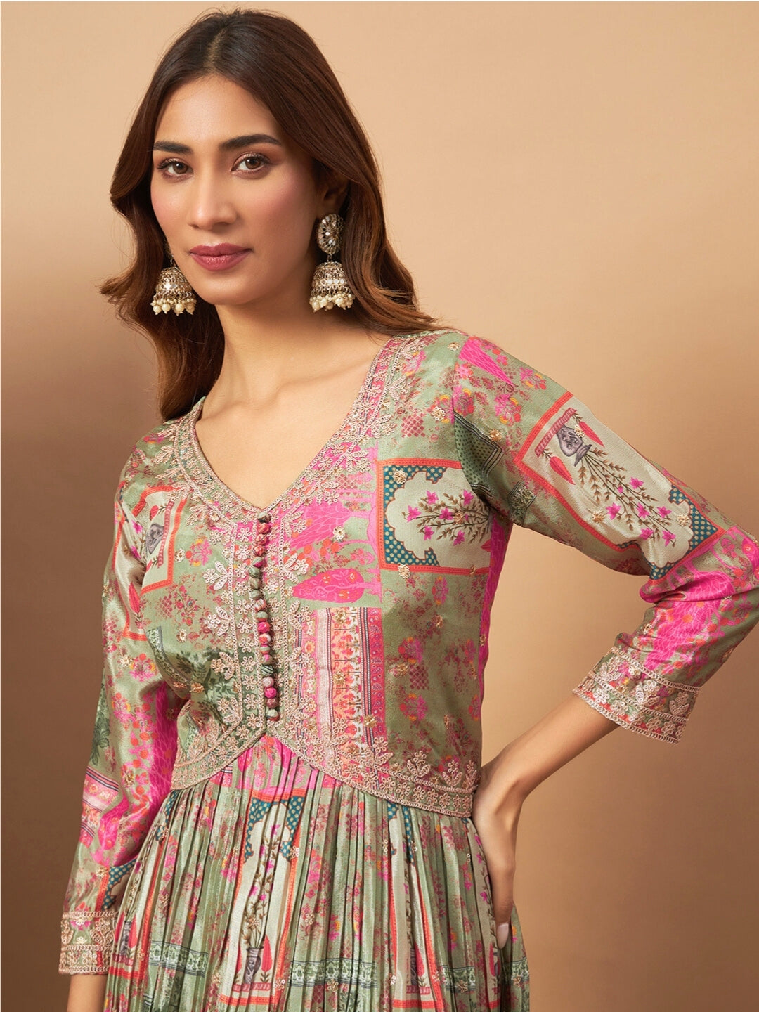 Chhabra 555 Crepe Silk Alia-Style Digital Print Pleated Gown with Zari Embroidery & Ombre Dupatta