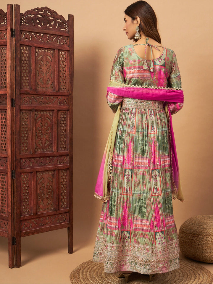 Chhabra 555 Crepe Silk Alia-Style Digital Print Pleated Gown with Zari Embroidery & Ombre Dupatta