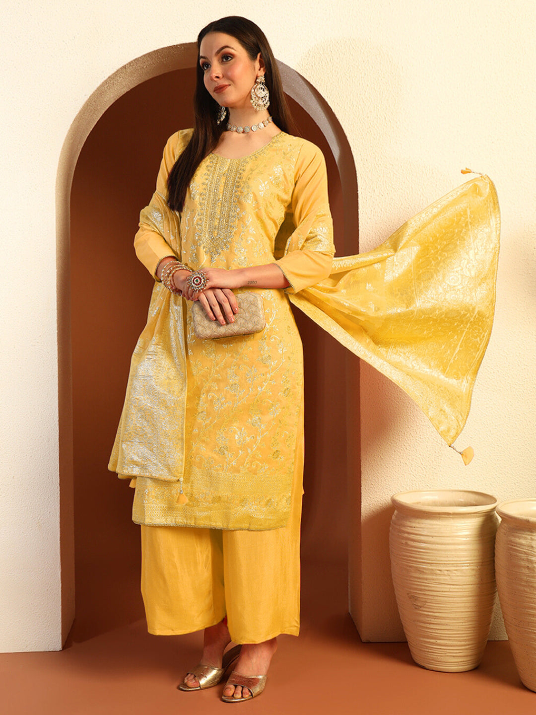 Chhabra 555 Zari Woven Sequinned Straight Suit with Zardozi Embroidery & Tasseled Chanderi Dupatta