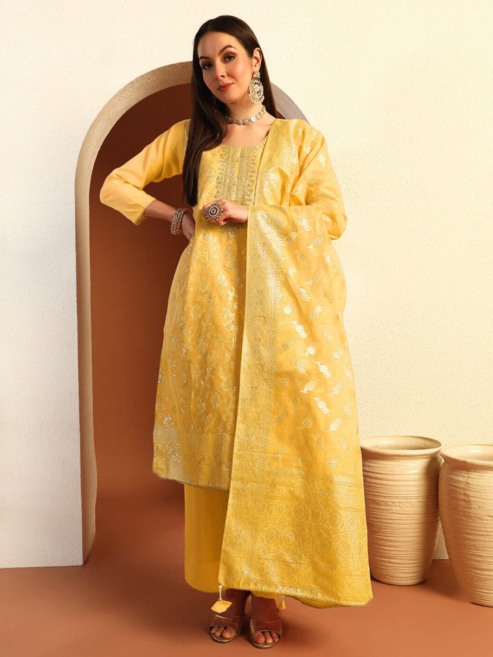 Zari Woven Sequinned Straight Suit with Zardozi Embroidery & Tasseled Chanderi Dupatta