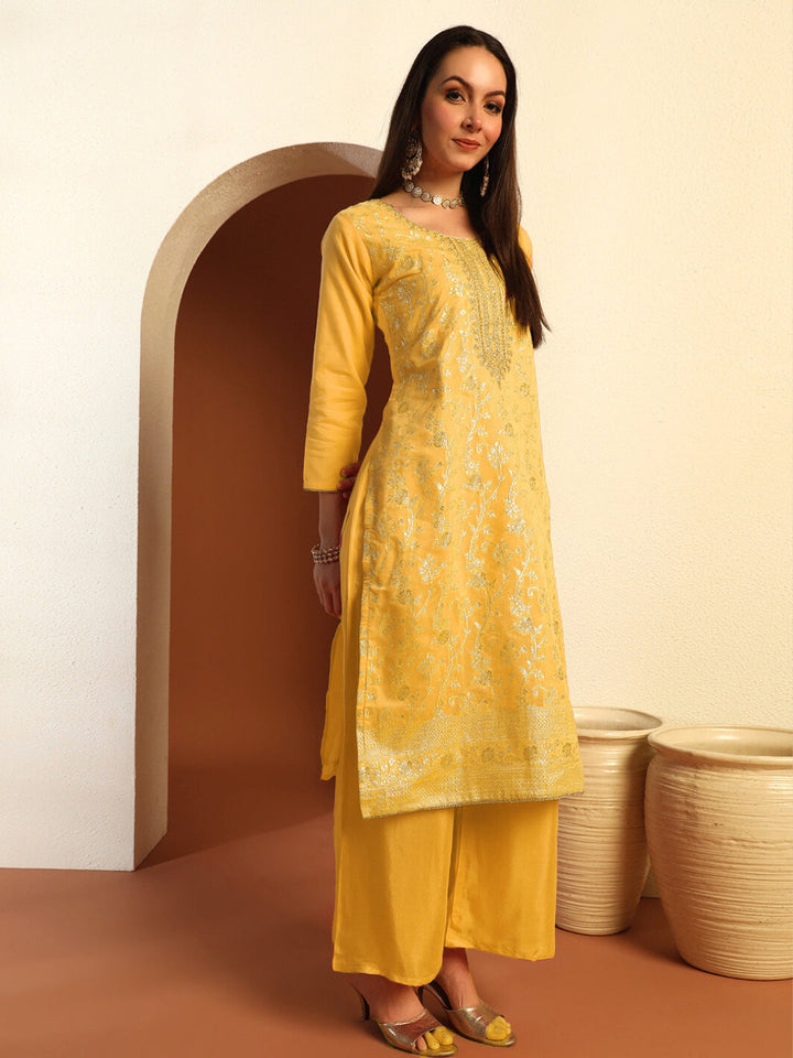Zari Woven Sequinned Straight Suit with Zardozi Embroidery & Tasseled Chanderi Dupatta