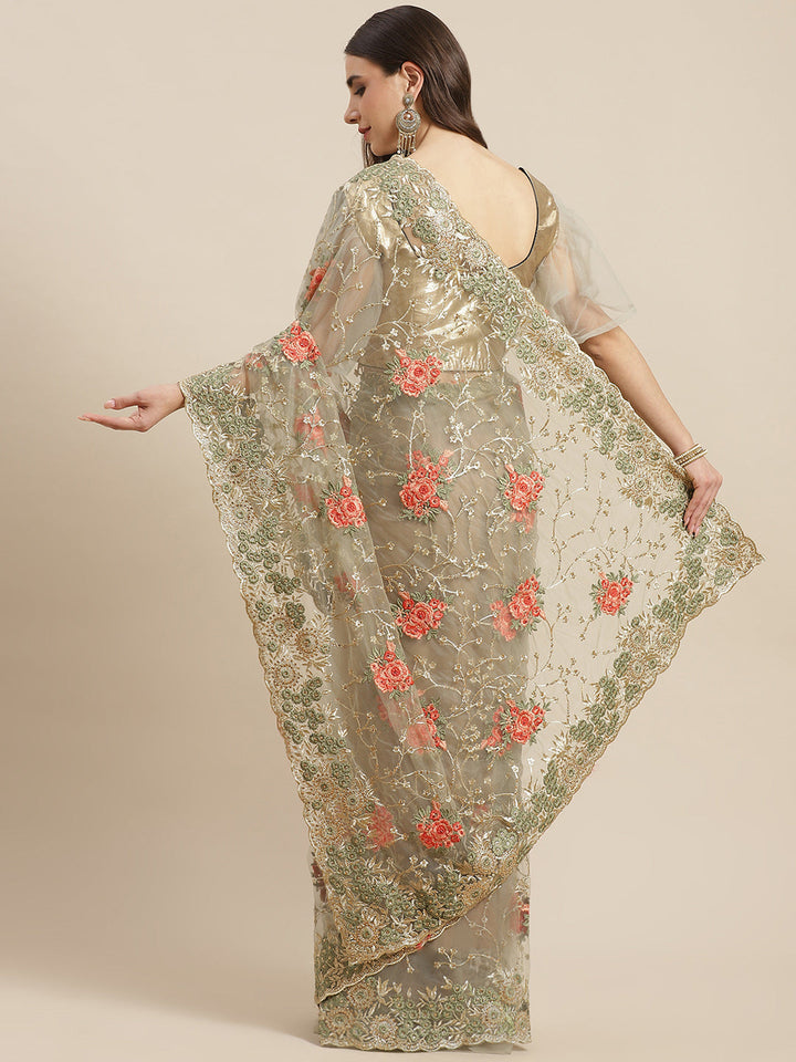 Olive Green Net Floral  Gold Zari & Resham Embroidery Saree