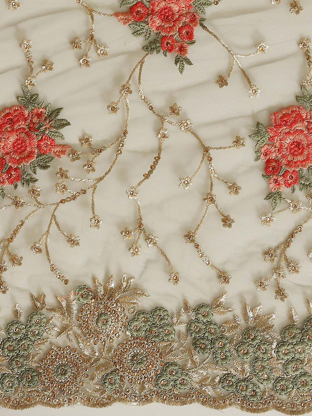 Olive Green Net Floral  Gold Zari & Resham Embroidery Saree