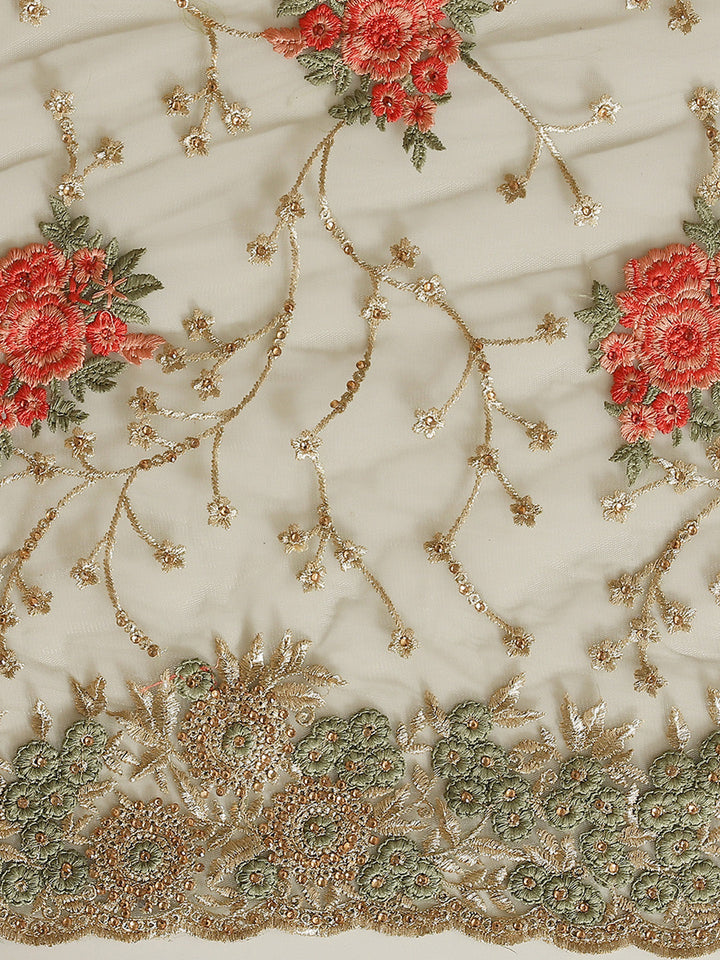 Olive Green Net Floral  Gold Zari & Resham Embroidery Saree