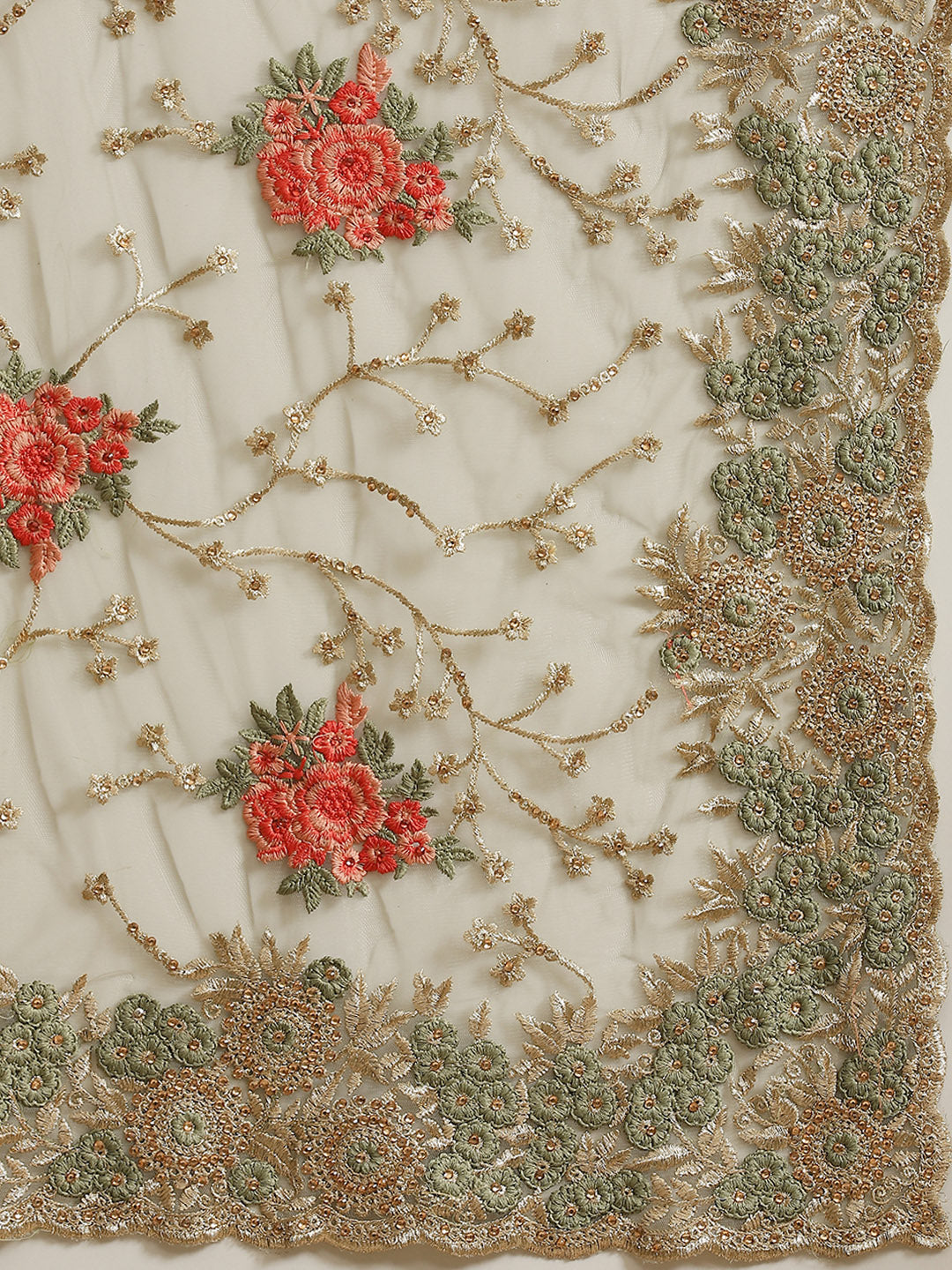 Olive Green Net Floral  Gold Zari & Resham Embroidery Saree