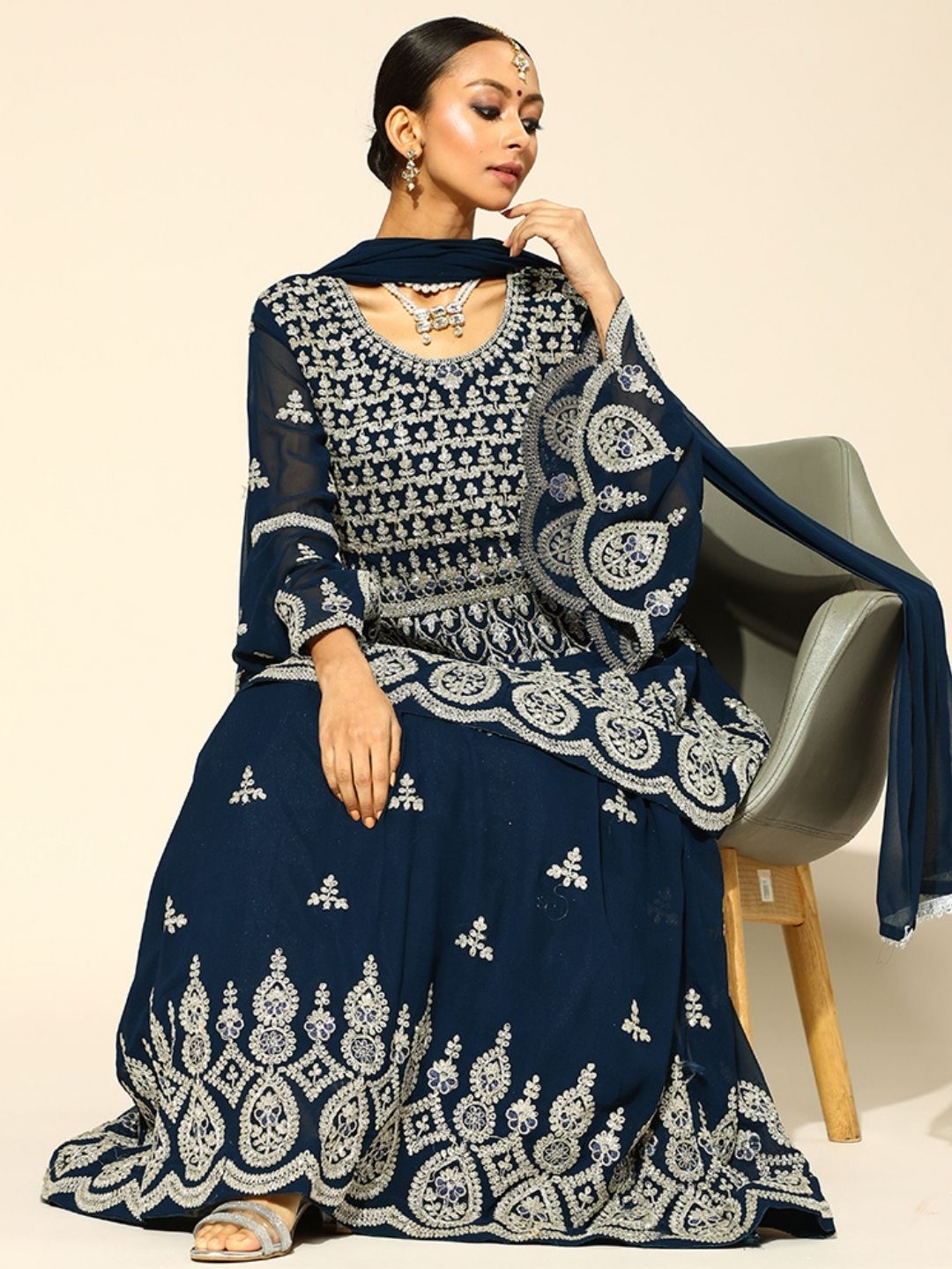 Georgette Ari Work Lehanga Set With Peplum Style Kurta
