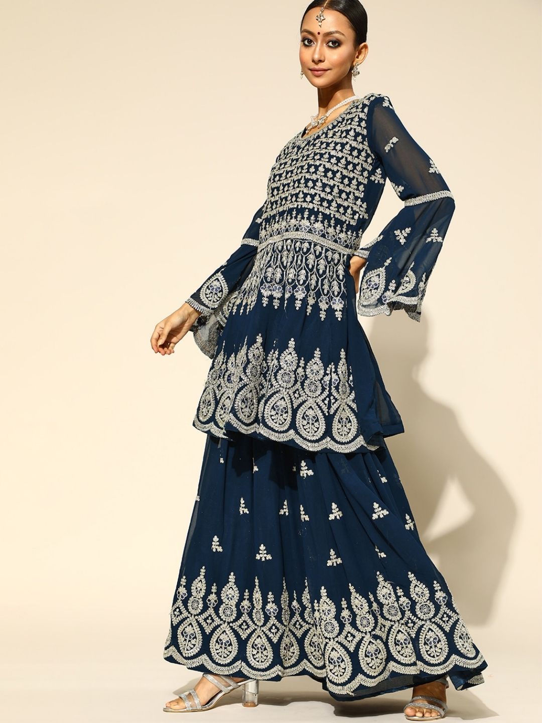 Georgette Ari Work Lehanga Set With Peplum Style Kurta