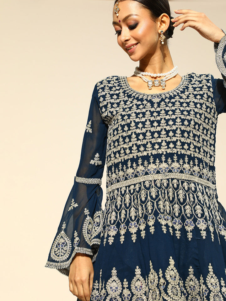 Georgette Ari Work Lehanga Set With Peplum Style Kurta
