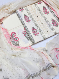 Chhabra 555 Chikankari Embroidery Unstitched Cotton Suit Dupatta Set with Block Print Floral Motifs 