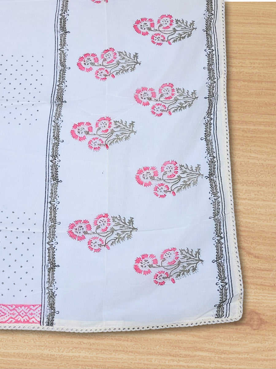 Chikankari Embroidery Unstitched Cotton Suit Dupatta Set with Block Print Floral Motifs