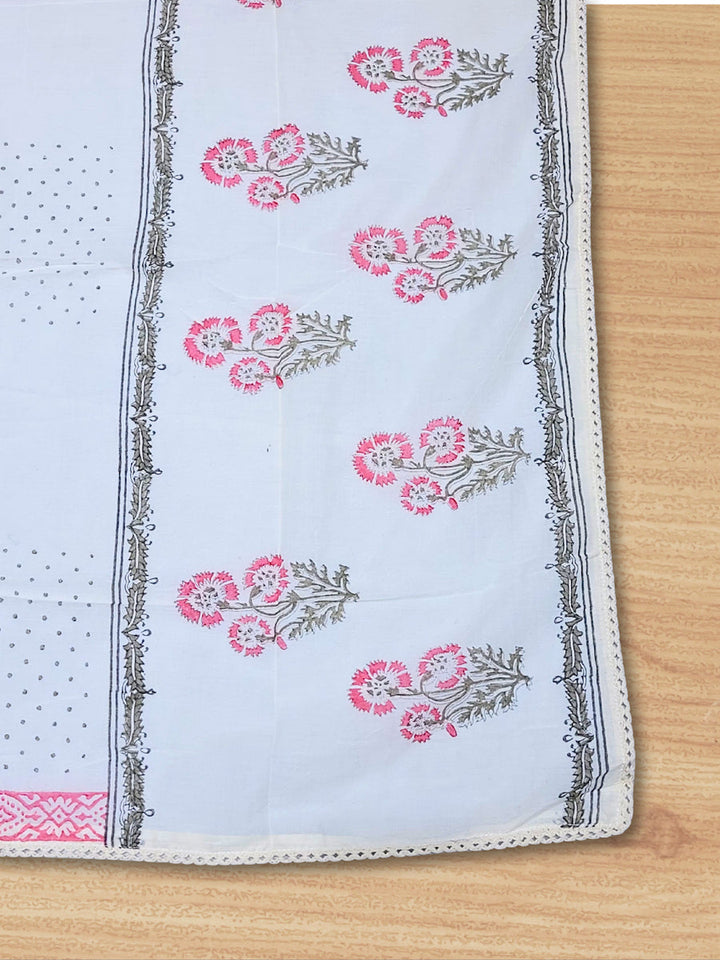 Chikankari Embroidery Unstitched Cotton Suit Dupatta Set with Block Print Floral Motifs