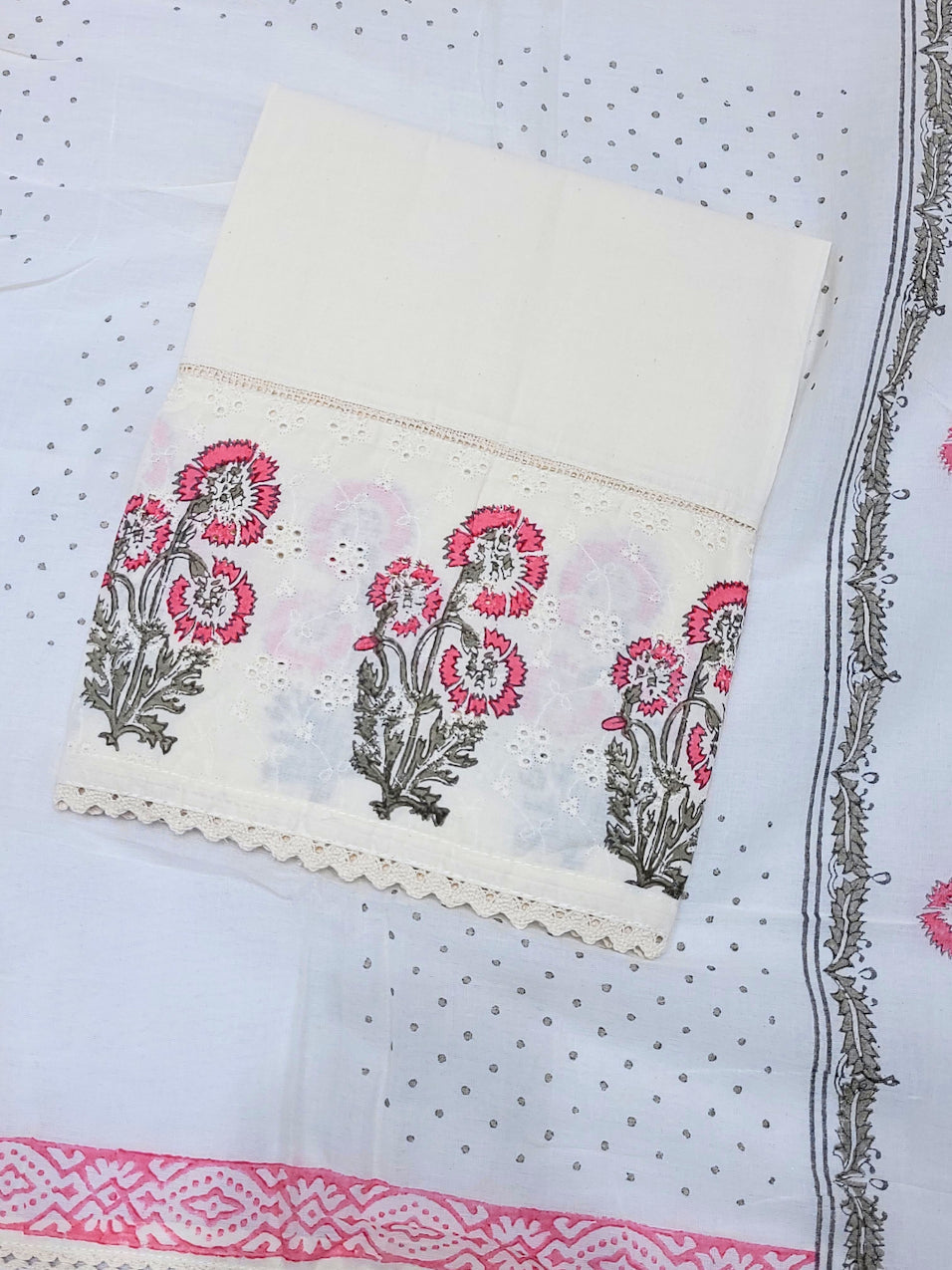 Chikankari Embroidery Unstitched Cotton Suit Dupatta Set with Block Print Floral Motifs