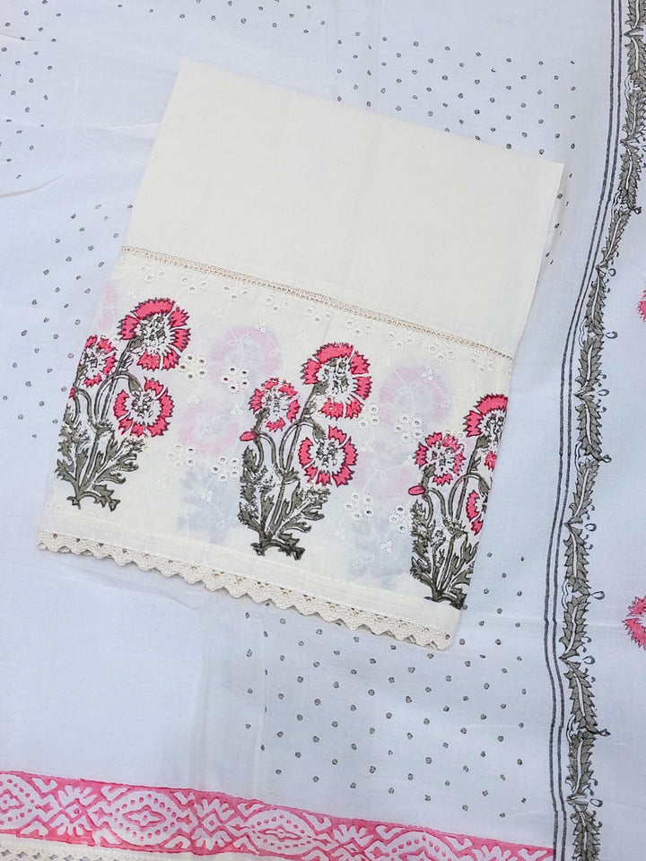 Chikankari Embroidery Unstitched Cotton Suit Dupatta Set with Block Print Floral Motifs