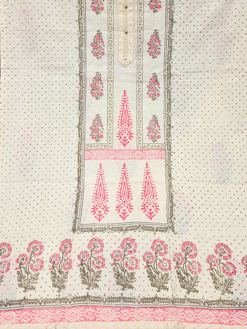 Chikankari Embroidery Unstitched Cotton Suit Dupatta Set with Block Print Floral Motifs