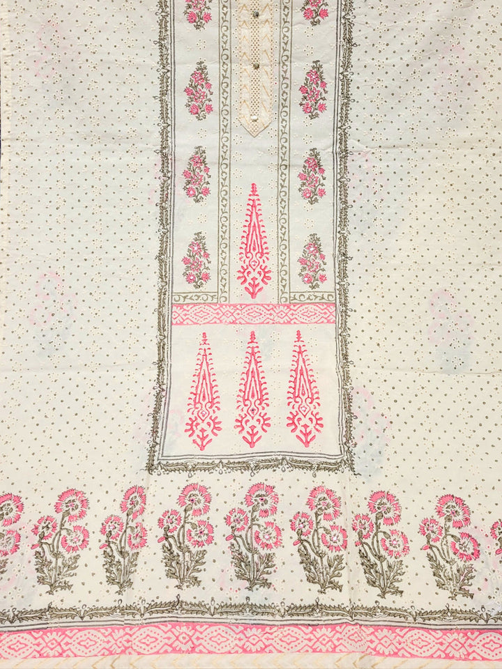Chikankari Embroidery Unstitched Cotton Suit Dupatta Set with Block Print Floral Motifs