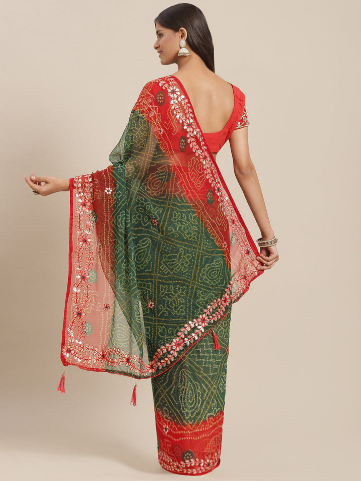Green Red Bandhej Print Georgette Saree With Gota-Patti Embroidery