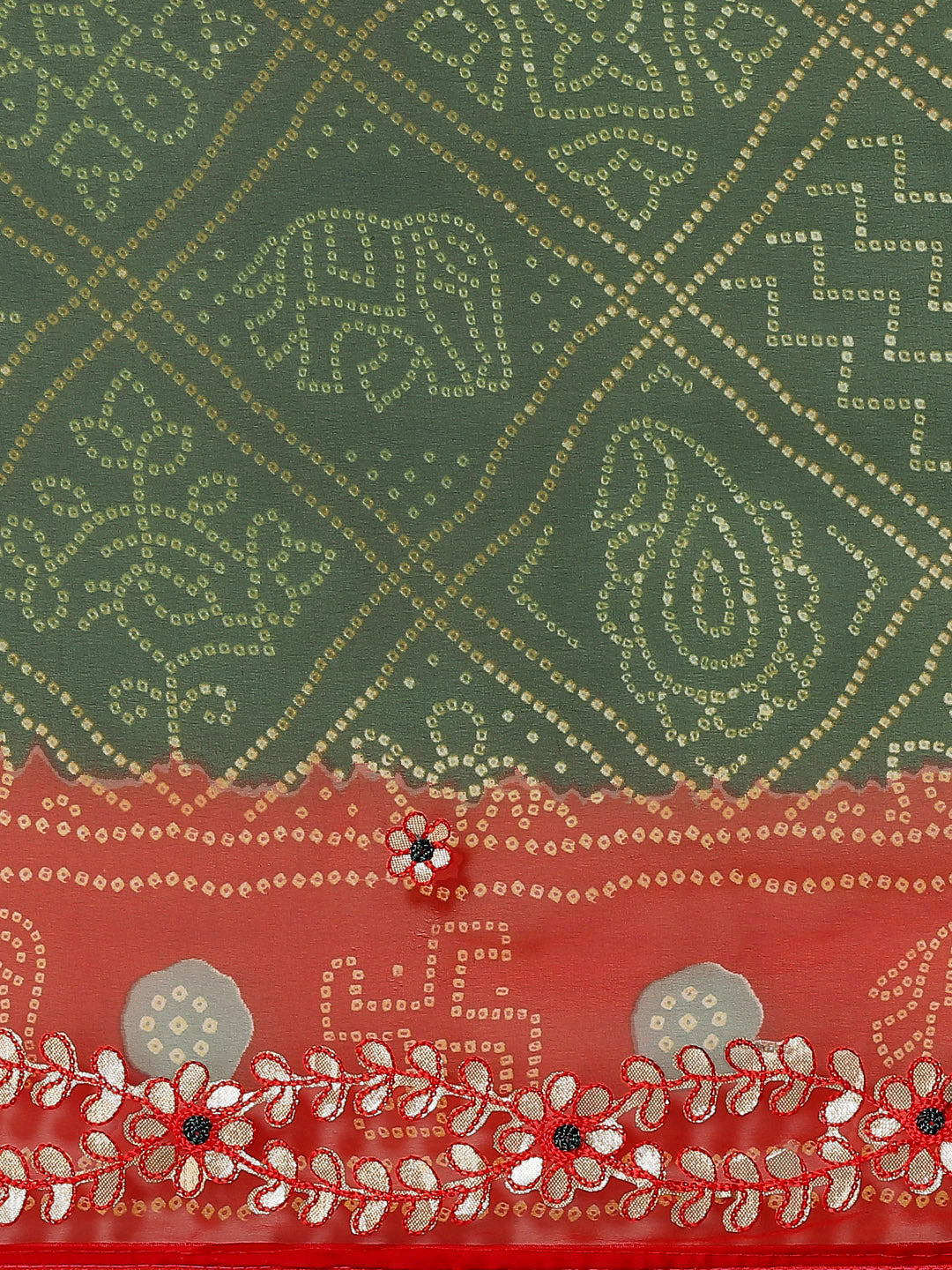 Green Red Bandhej Print Georgette Saree With Gota-Patti Embroidery
