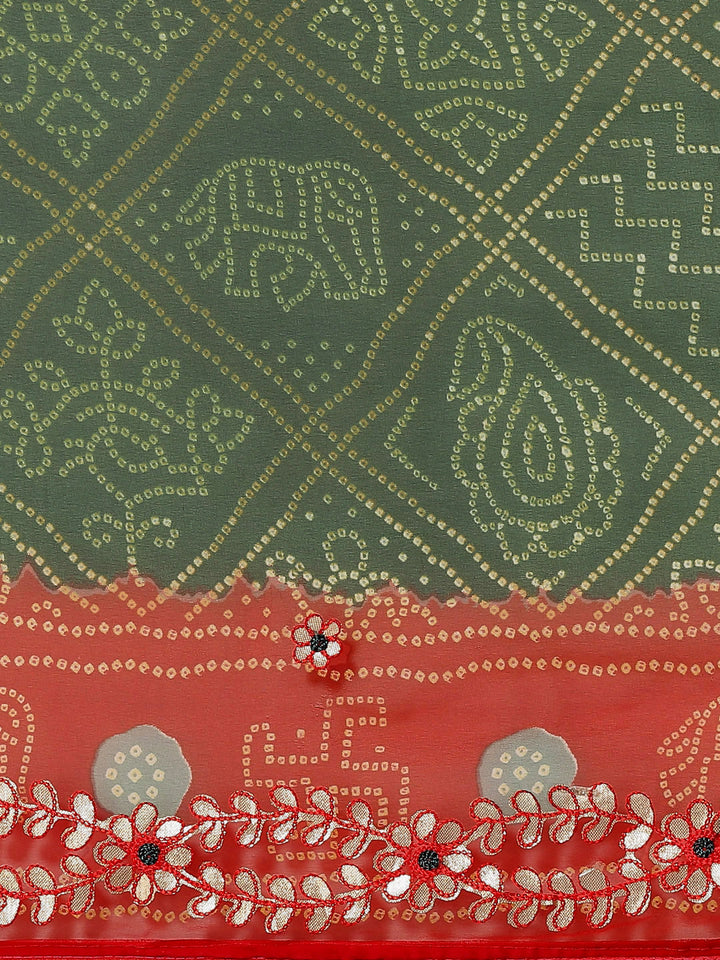 Green Red Bandhej Print Georgette Saree With Gota-Patti Embroidery