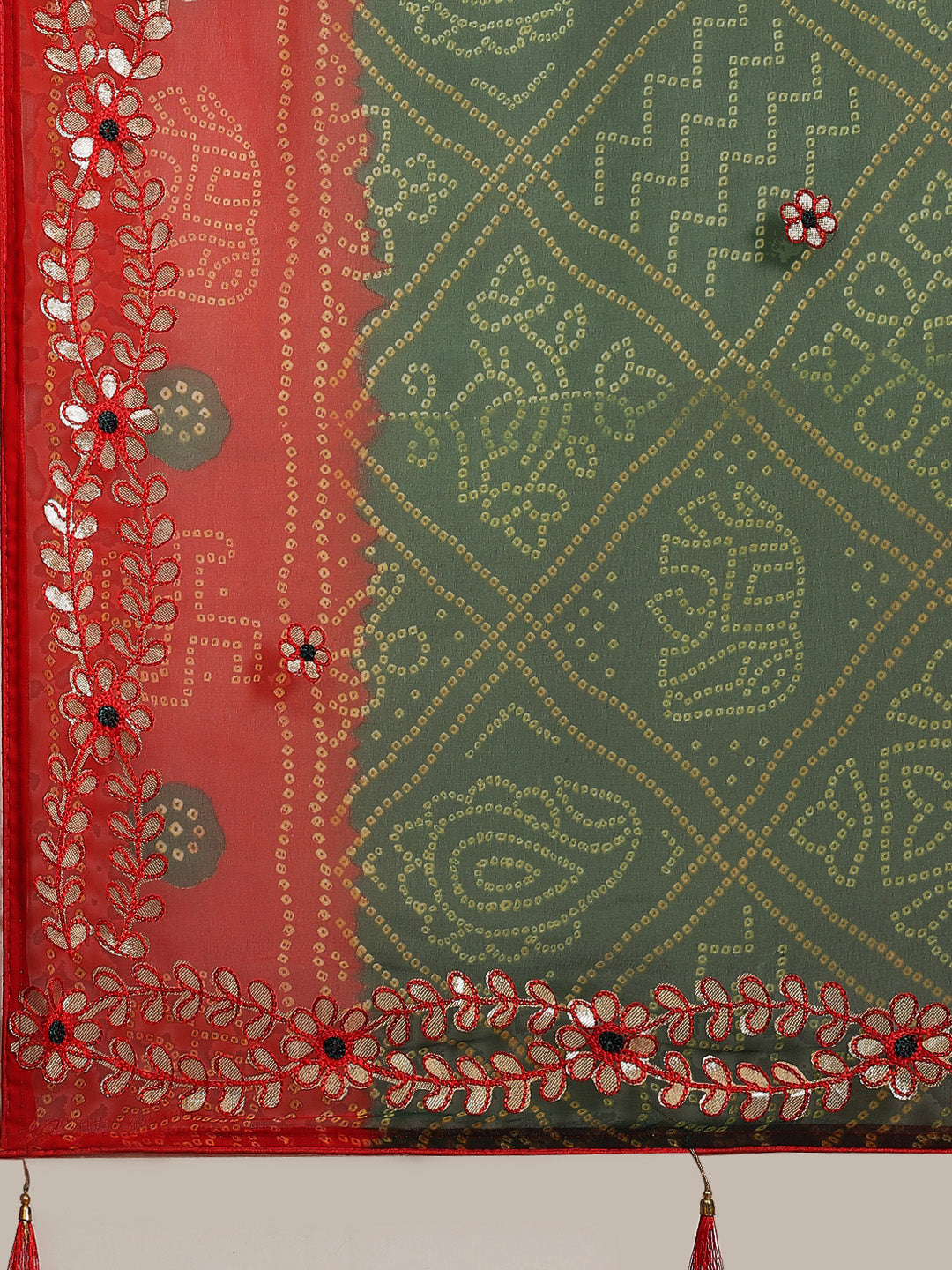 Green Red Bandhej Print Georgette Saree With Gota-Patti Embroidery