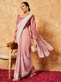 Chhabra 555 Pastel Georgette Cream Thread Embroidered Saree with Intricate Crystal Embellishments