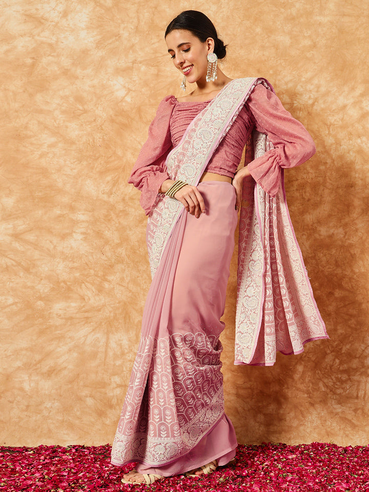 Pastel Georgette Cream Thread Embroidered Saree