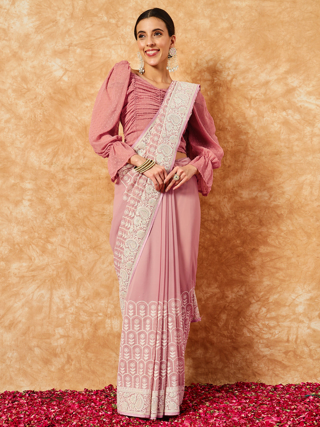 Pastel Georgette Cream Thread Embroidered Saree