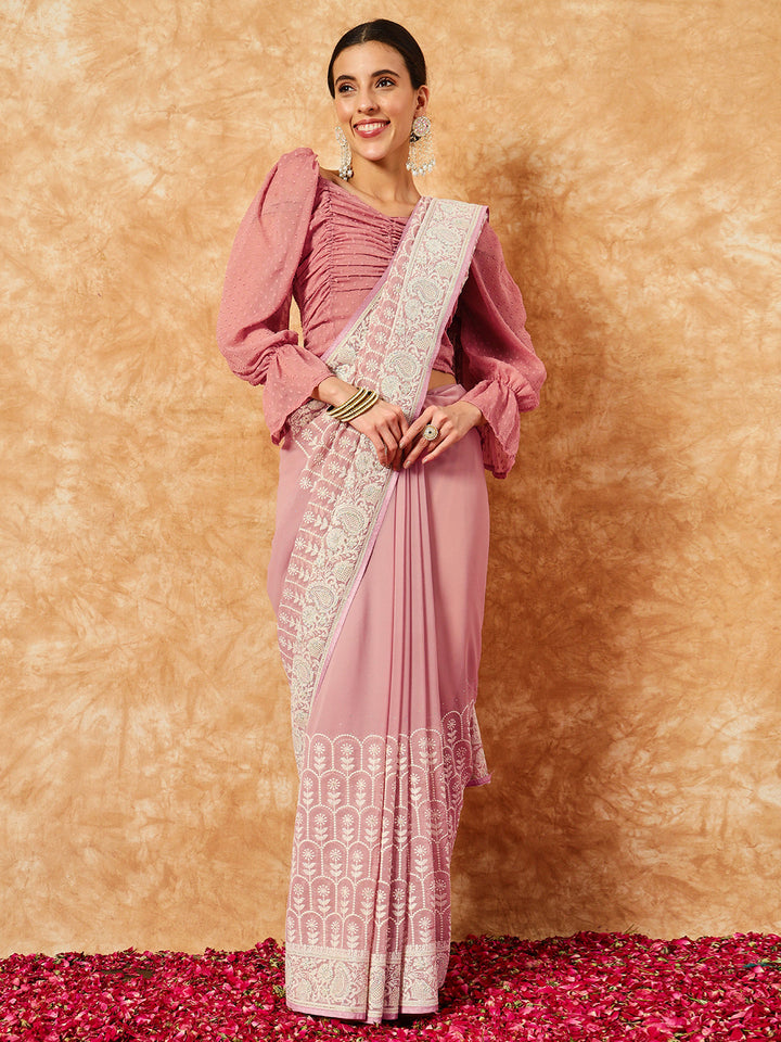 Pastel Georgette Cream Thread Embroidered Saree