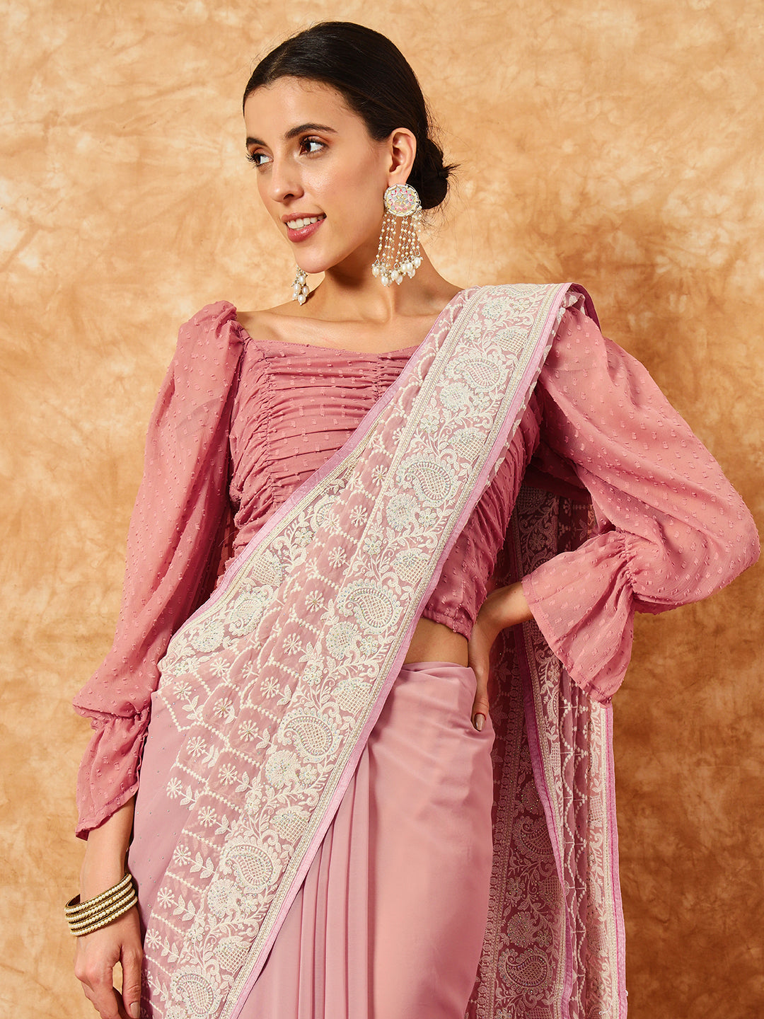 Pastel Georgette Cream Thread Embroidered Saree