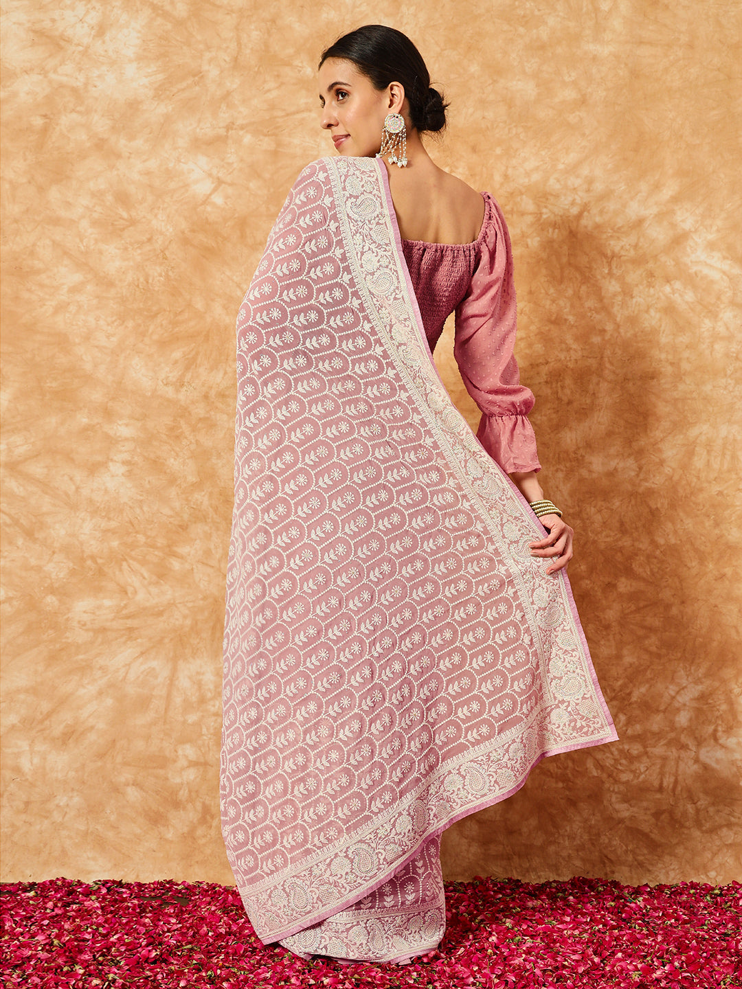 Pastel Georgette Cream Thread Embroidered Saree
