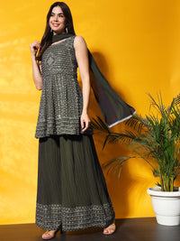 Chhabra 555 Mirror Embellished Kalidar Kurta Set with Resham Embroidery and Pleated Palazzo 